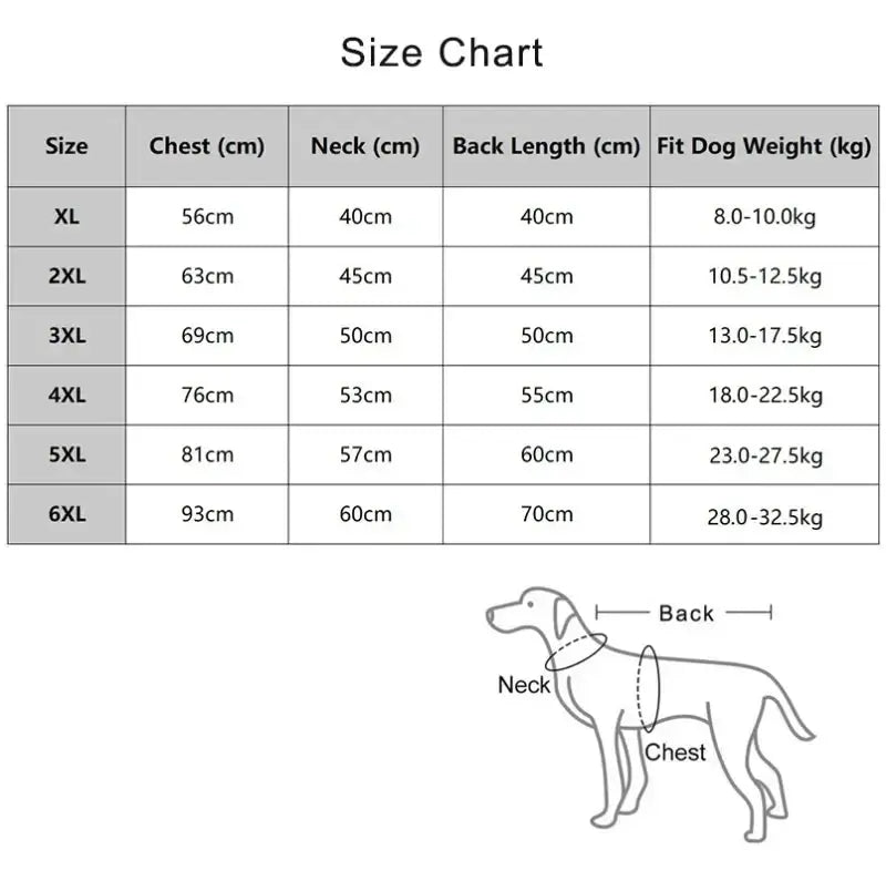 Size chart for Winter Dog Jacket with measurements for different sizes and dog weight recommendations.