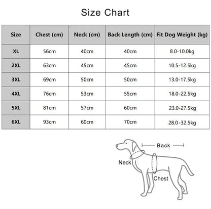 Size chart for Winter Dog Jacket with measurements for different sizes and dog weight recommendations.