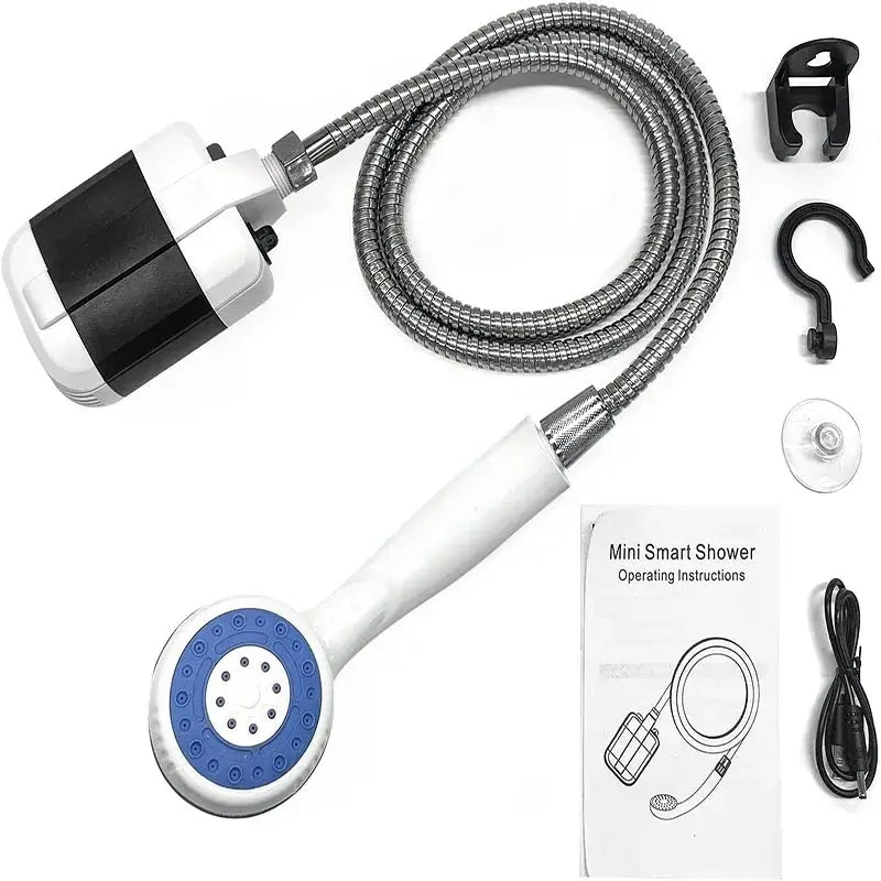 Portable outdoor shower set with shower head, hose, hook, suction cup, and instructions for easy camping use.