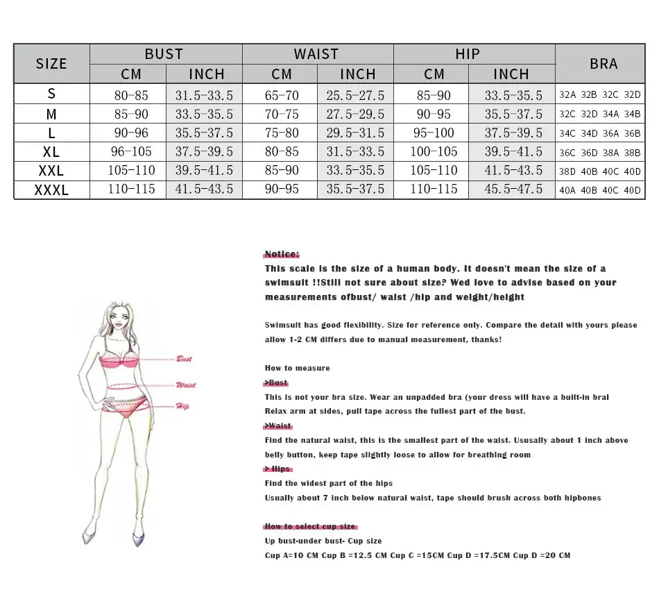 Size chart for swimsuits detailing measurements for bust, waist, hips, and bra sizes in both centimeters and inches, including instructions for accurate measurement.