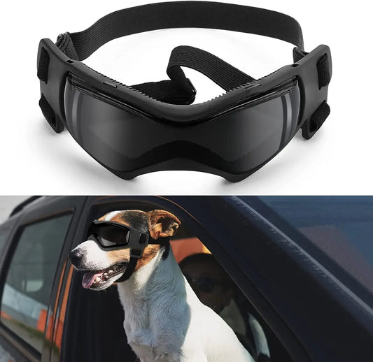 Dog wearing adjustable UV protection goggles and black dog goggles with vent holes displayed separately.