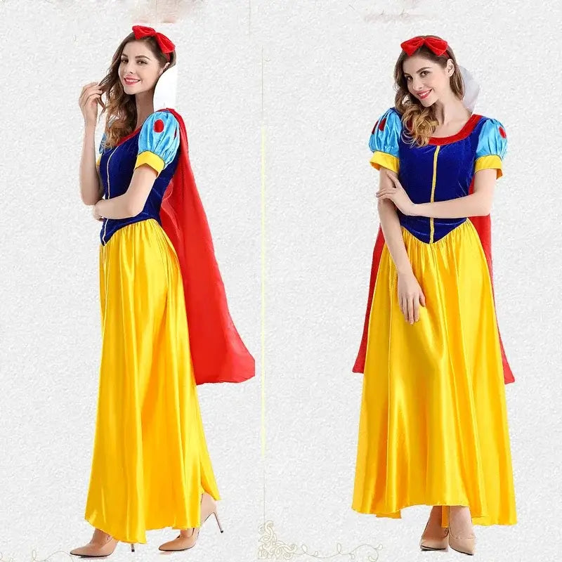 Elegant adult princess costume featuring blue and yellow design with a red cape, perfect for parties and dress-up events.