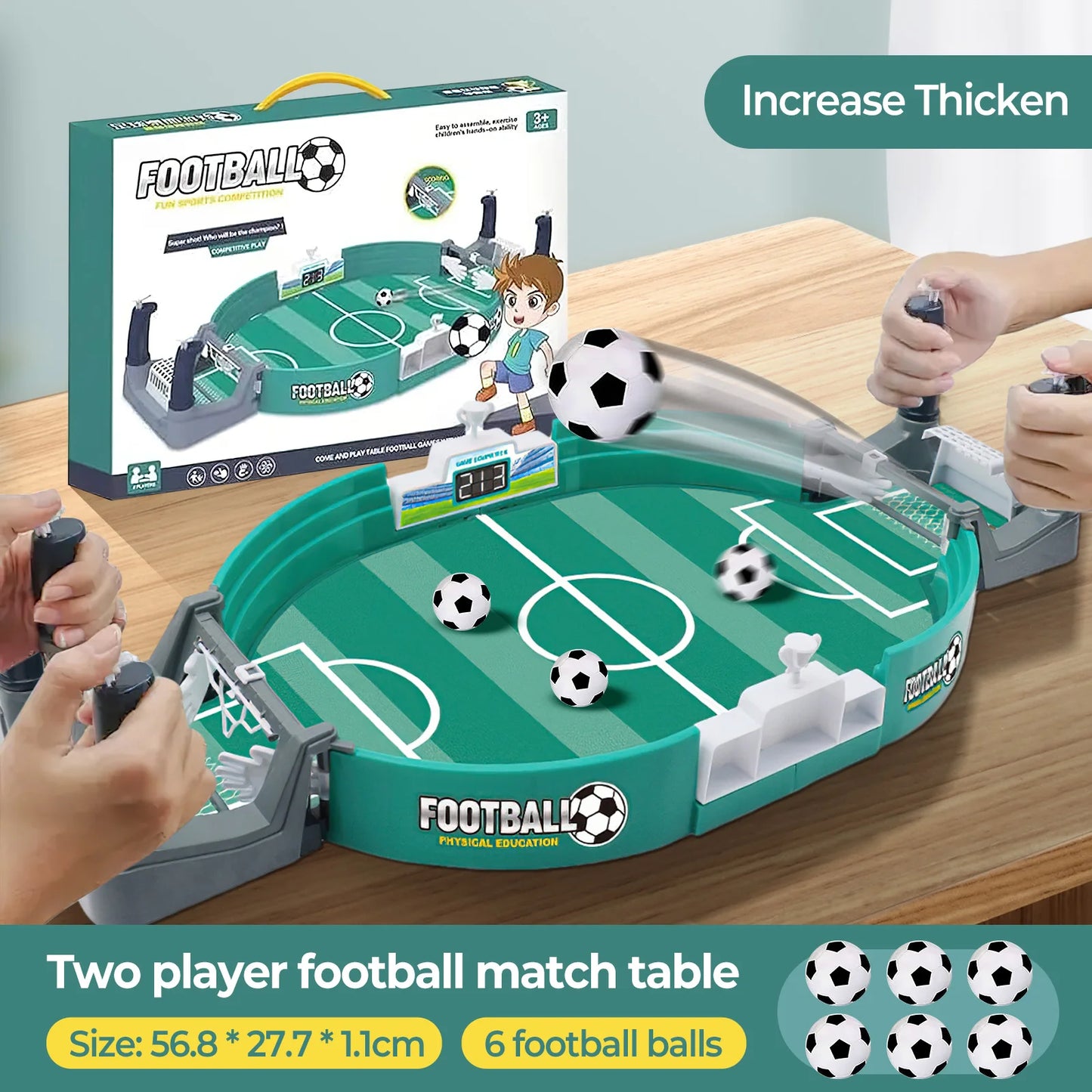 Table soccer board game for two players with six football balls, featuring compact design, ideal for family fun and social interaction.