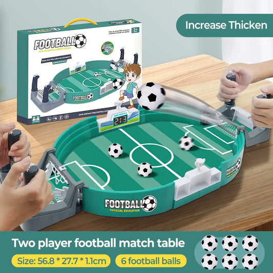 Table soccer board game for two players with six football balls, featuring compact design, ideal for family fun and social interaction.