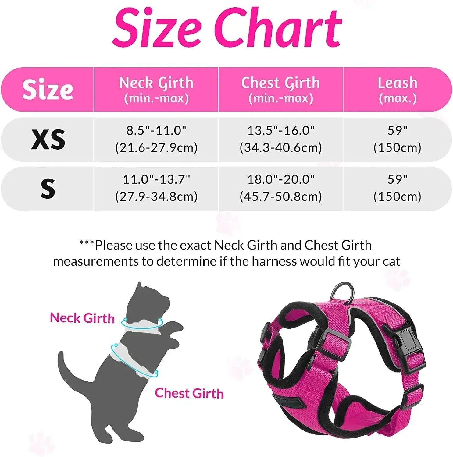 Cat harness size chart showing measurements for neck girth, chest girth, and leash length for sizes XS and S in pink.