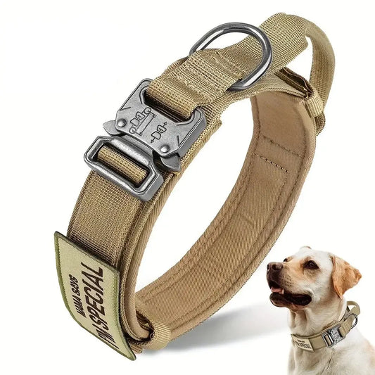 Heavy duty tactical dog collar with quick-release buckle and padded lining for comfort and durability.