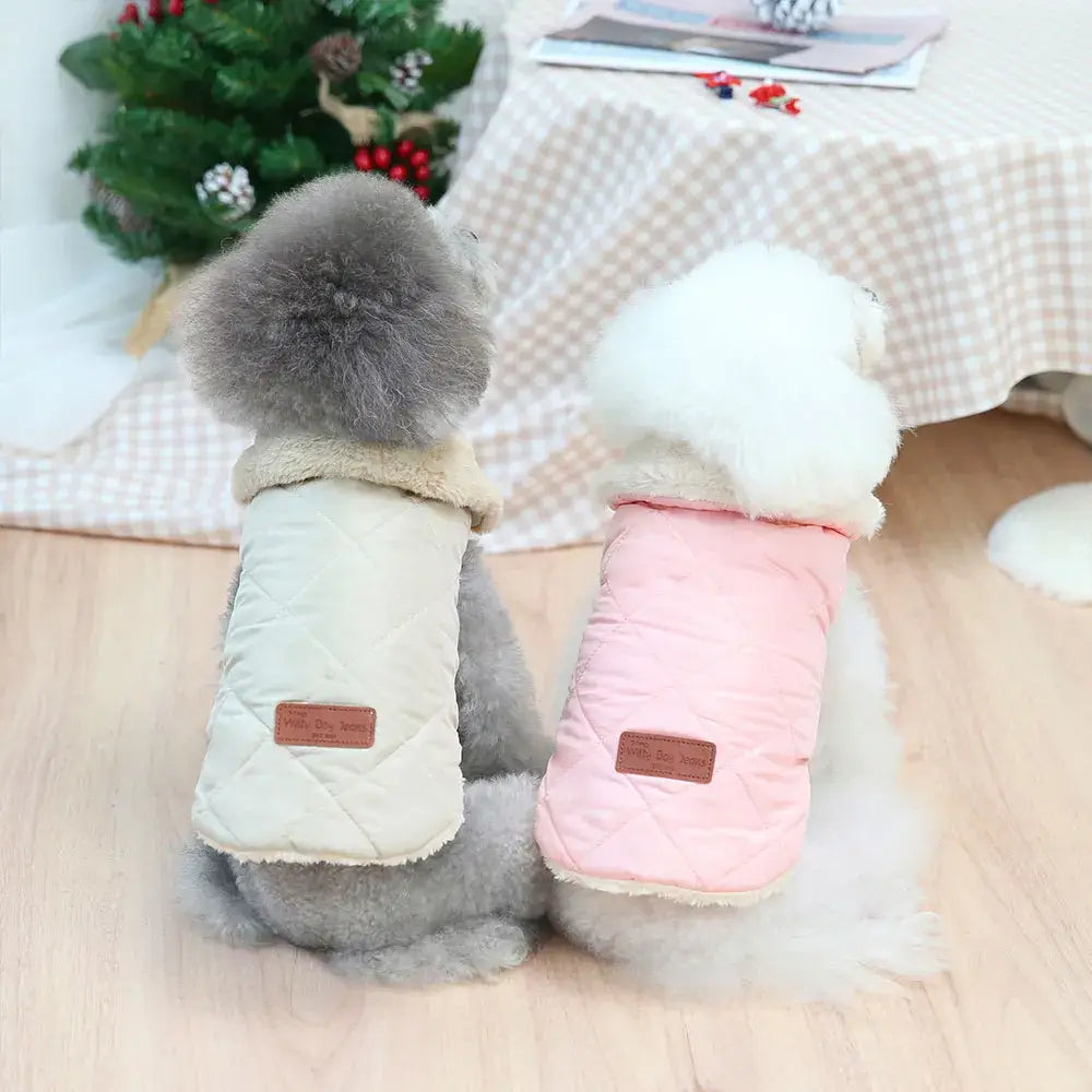 Two small dogs wearing stylish little dog coats with fur collars, one in cream and the other in pink, sitting on a wooden floor by a Christmas tree.