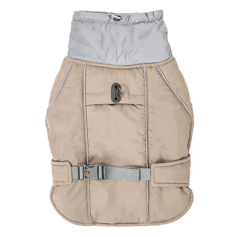 Beige dog winter jacket with reflective feature and adjustable strap for small and large dogs, water-resistant and durable.