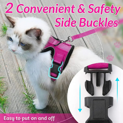 Cat harness with pink leash featuring safety side buckles, easy to put on and off, perfect for outdoor activities.