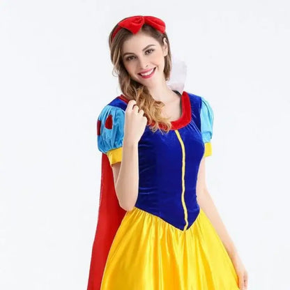 Adult princess costume featuring a blue and yellow dress with a red cape and bow, perfect for themed parties and celebrations.