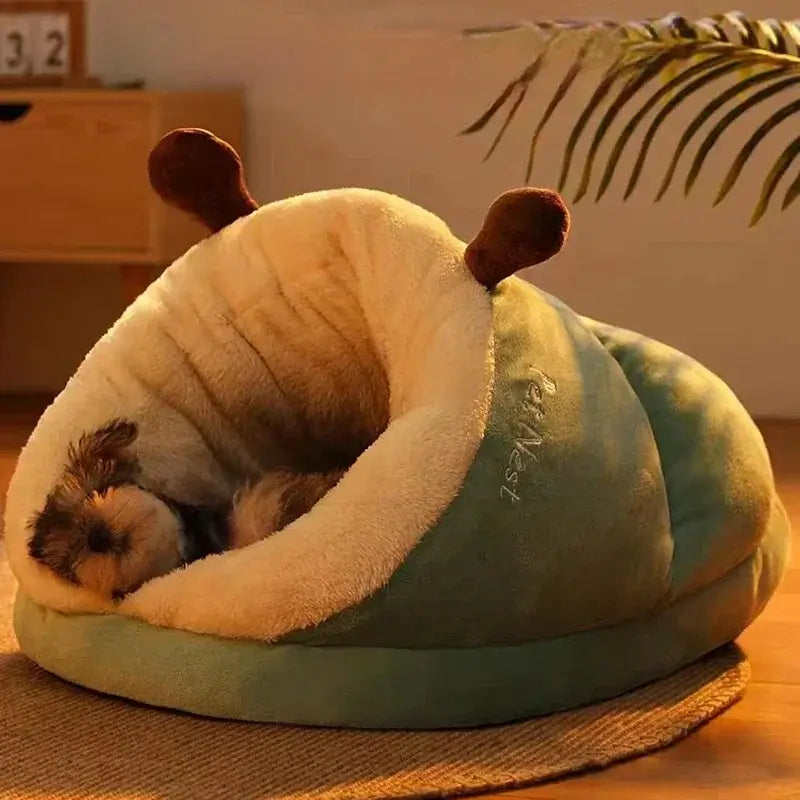 Cozy cat and small dog resting in a unique slipper-shaped pet bed, offering warmth and comfort.