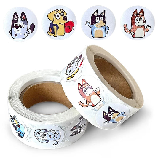 Roll of Bluey Bingo Dog Stickers, 500 pcs, featuring cute dog characters, perfect for kids' crafts and decorating projects.