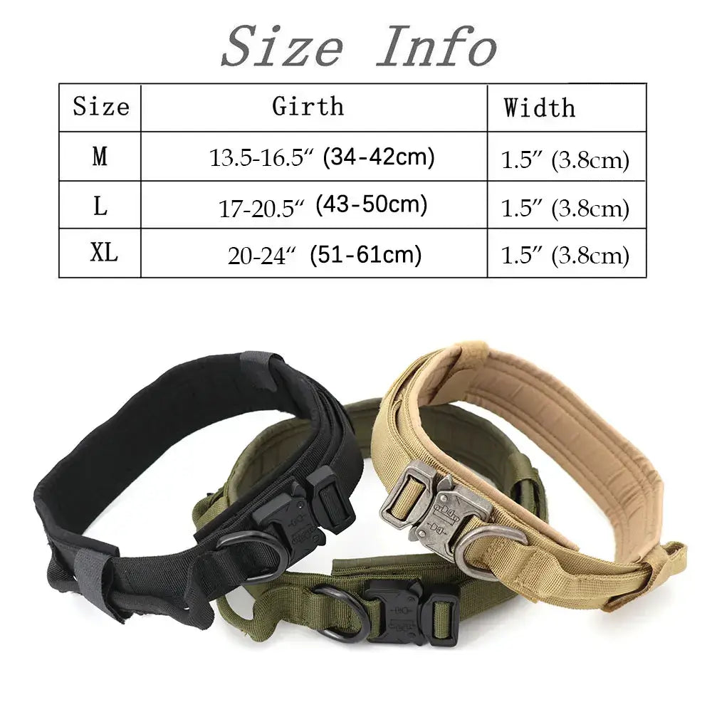 Heavy duty tactical dog collars in black, green, and tan with size chart showing adjustable girth and 1.5-inch width.