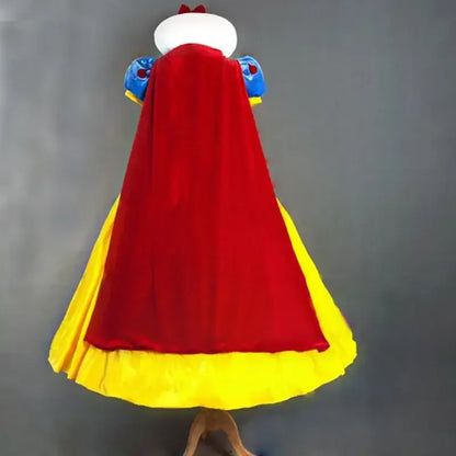 Princess party costume for adults, featuring red cape and yellow skirt, perfect for themed events and dress-up.