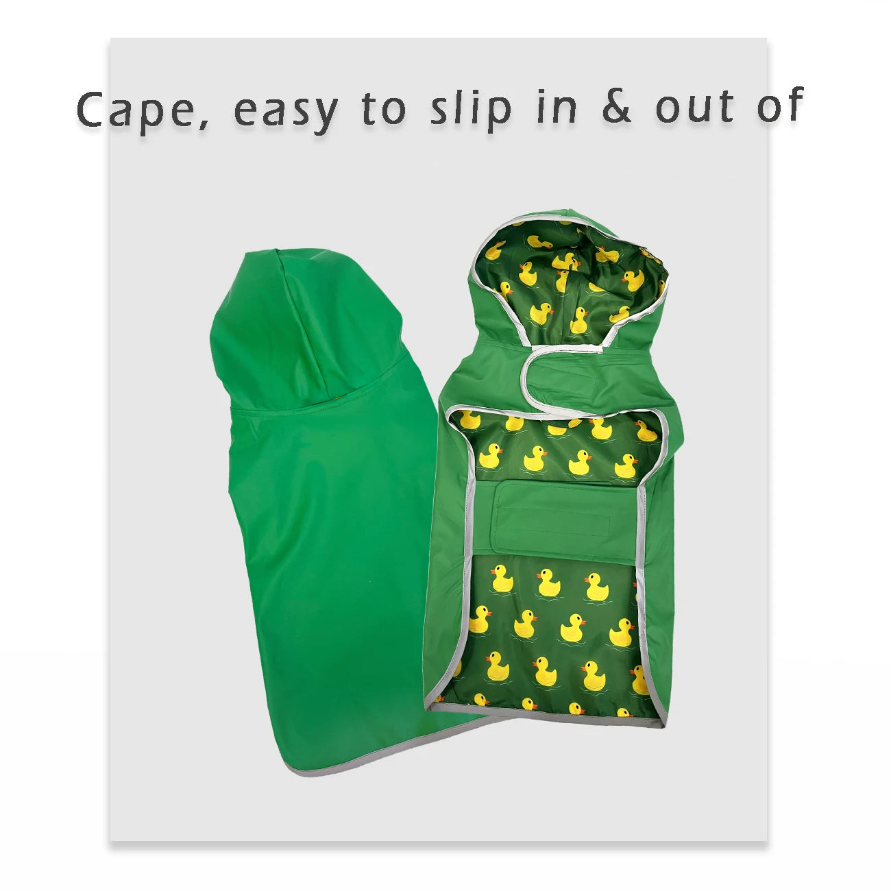 Green dog raincoat with yellow duck pattern, cape design, easy to slip on and off