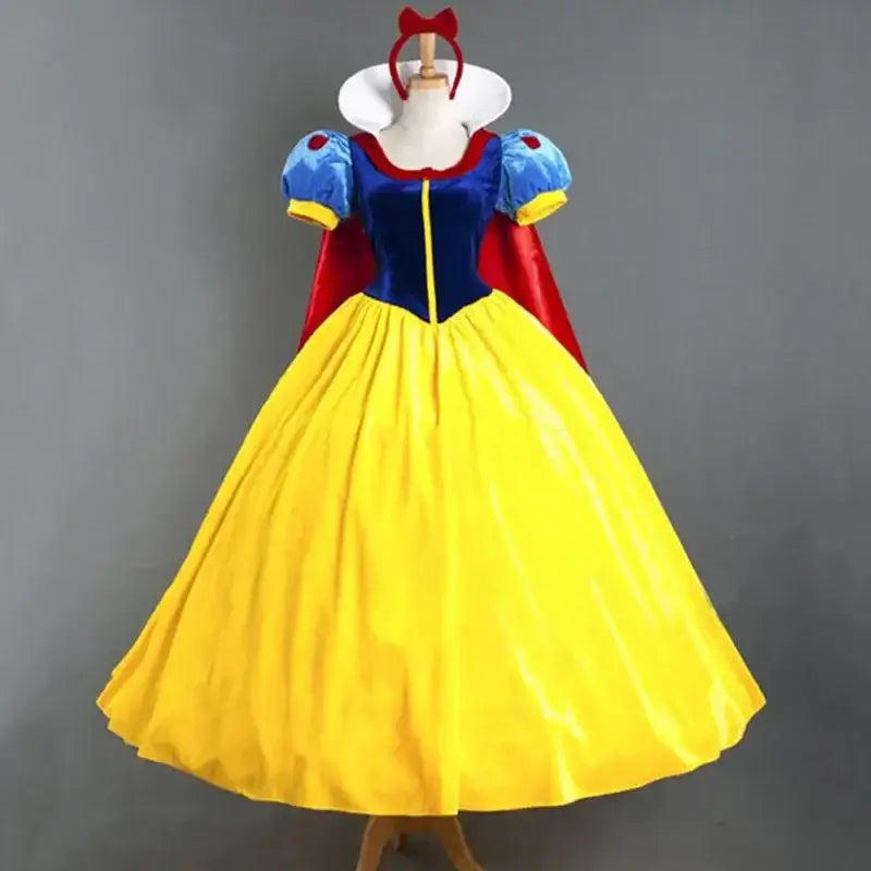 Elegant adult princess costume dress featuring blue bodice, yellow skirt, and red cape, perfect for themed parties and dress-up.