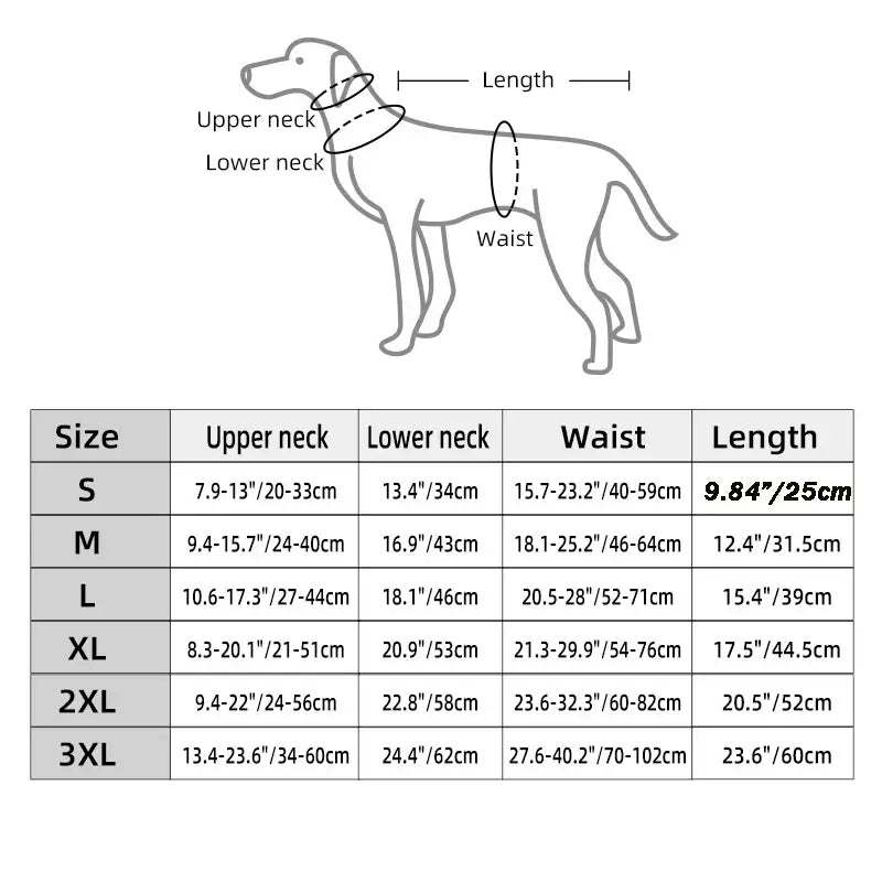 "Dog winter jacket size chart with measurements for upper neck, lower neck, waist, and length for sizes S to 3XL."