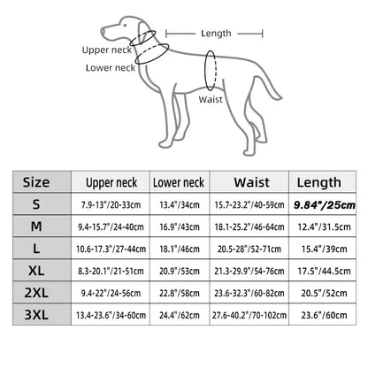 "Dog winter jacket size chart with measurements for upper neck, lower neck, waist, and length for sizes S to 3XL."