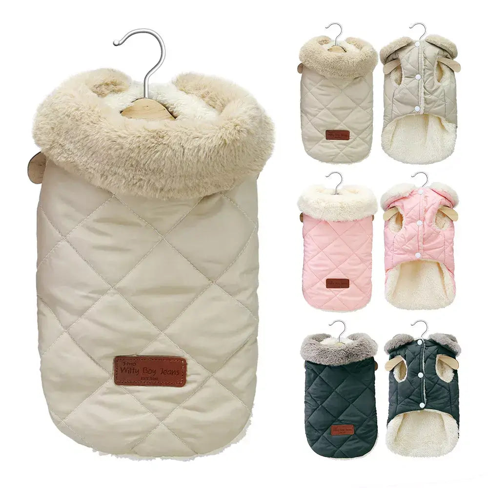 Premium little dog coats with plush fur collars in beige, pink, and dark green, perfect for small breeds and stylish warmth.