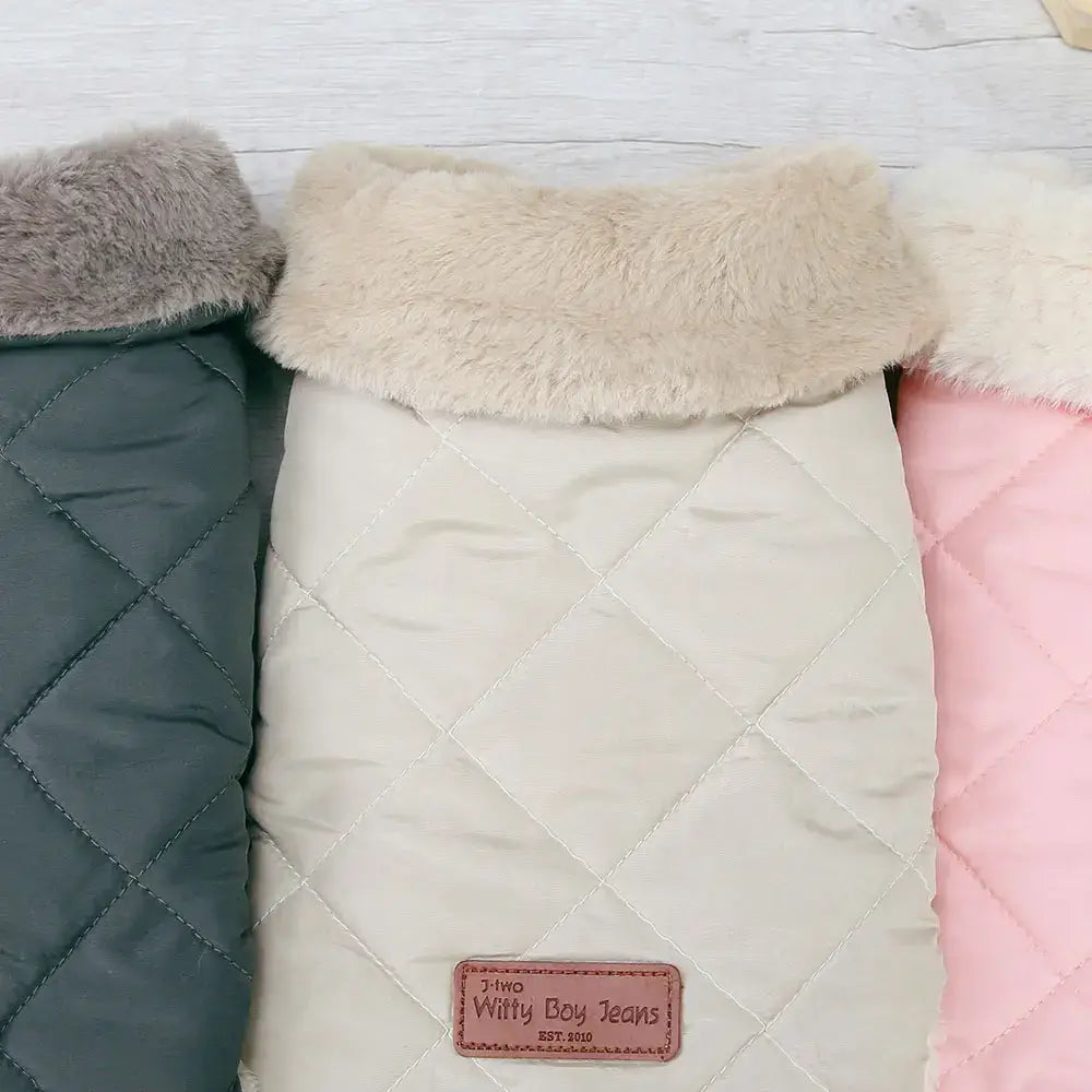 Little dog coats with plush fur collars in green, white, and pink colors for small dog breeds.