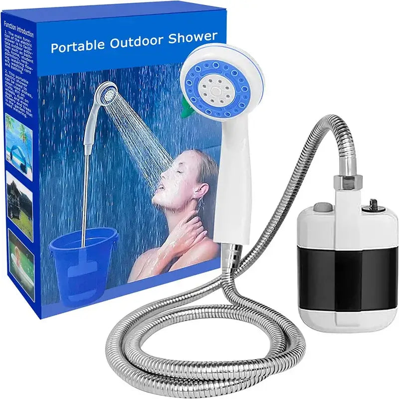 Portable outdoor shower kit with shower head and accessories, ideal for camping and outdoor activities, shown with product packaging.