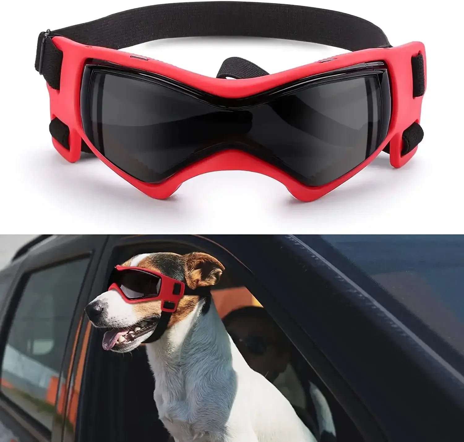 Dog wearing red goggles for protection against UV rays and wind, perfect fit and adjustable for small to medium dogs.