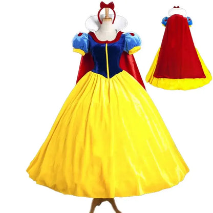 Elegant princess costume for adults with blue bodice, red cape, and yellow skirt, perfect for themed parties and dress-up.