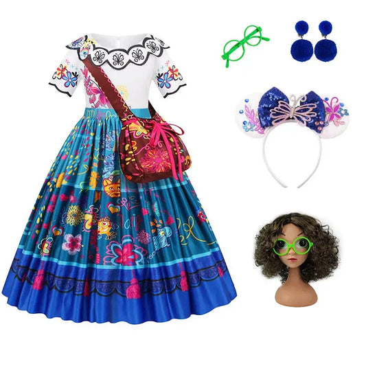 Encanto Mirabel costume with vibrant dress, accessories like a handbag, headband, and glasses for kids' dress-up fun.