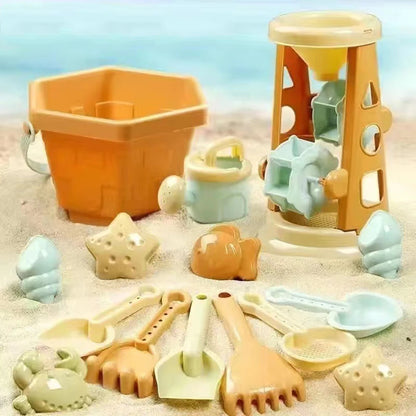 Vibrant children's beach toys, including a bucket and various tools, arranged on sandy beach, perfect for summer fun.