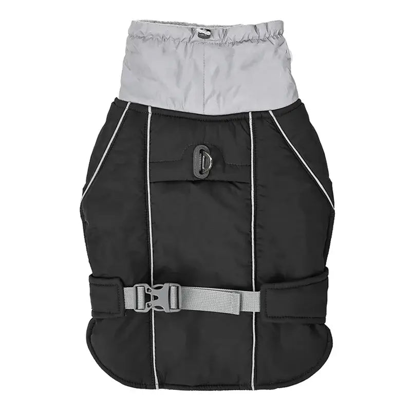 Black and gray dog winter jacket with reflective feature, adjustable straps, and water-resistant material for small and large dogs.