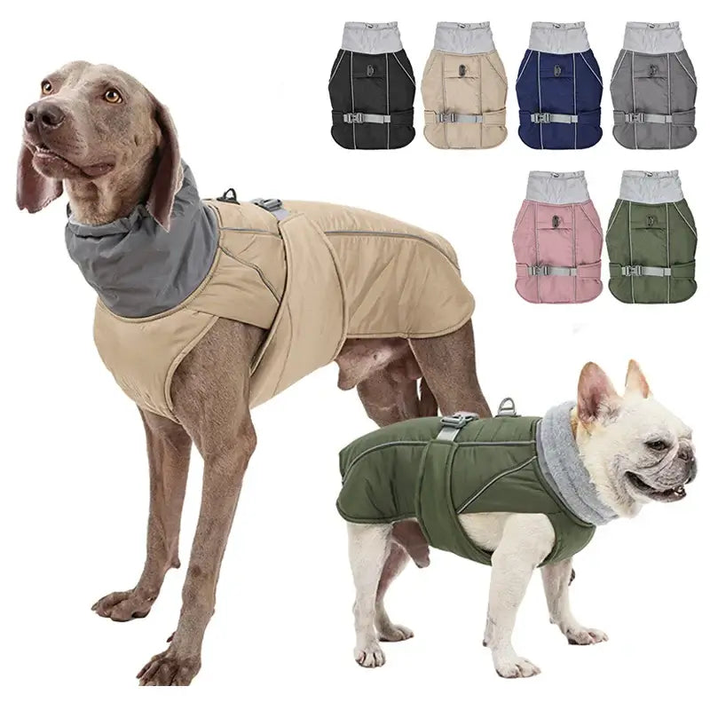 Large and small dogs wearing durable, water-resistant winter jackets, available in various colors with reflective safety features.