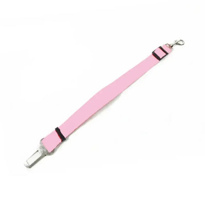 Pink adjustable nylon dog car harness with metal buckle clasp.